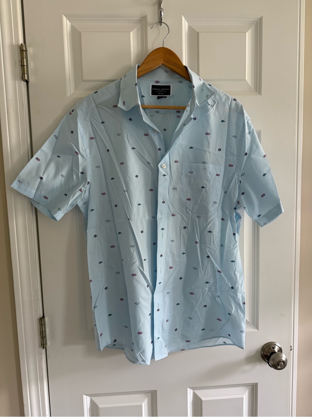 Charles Tyrwhitt Light Blue Short-Sleeve Button-Down Shirt with Tiny Print